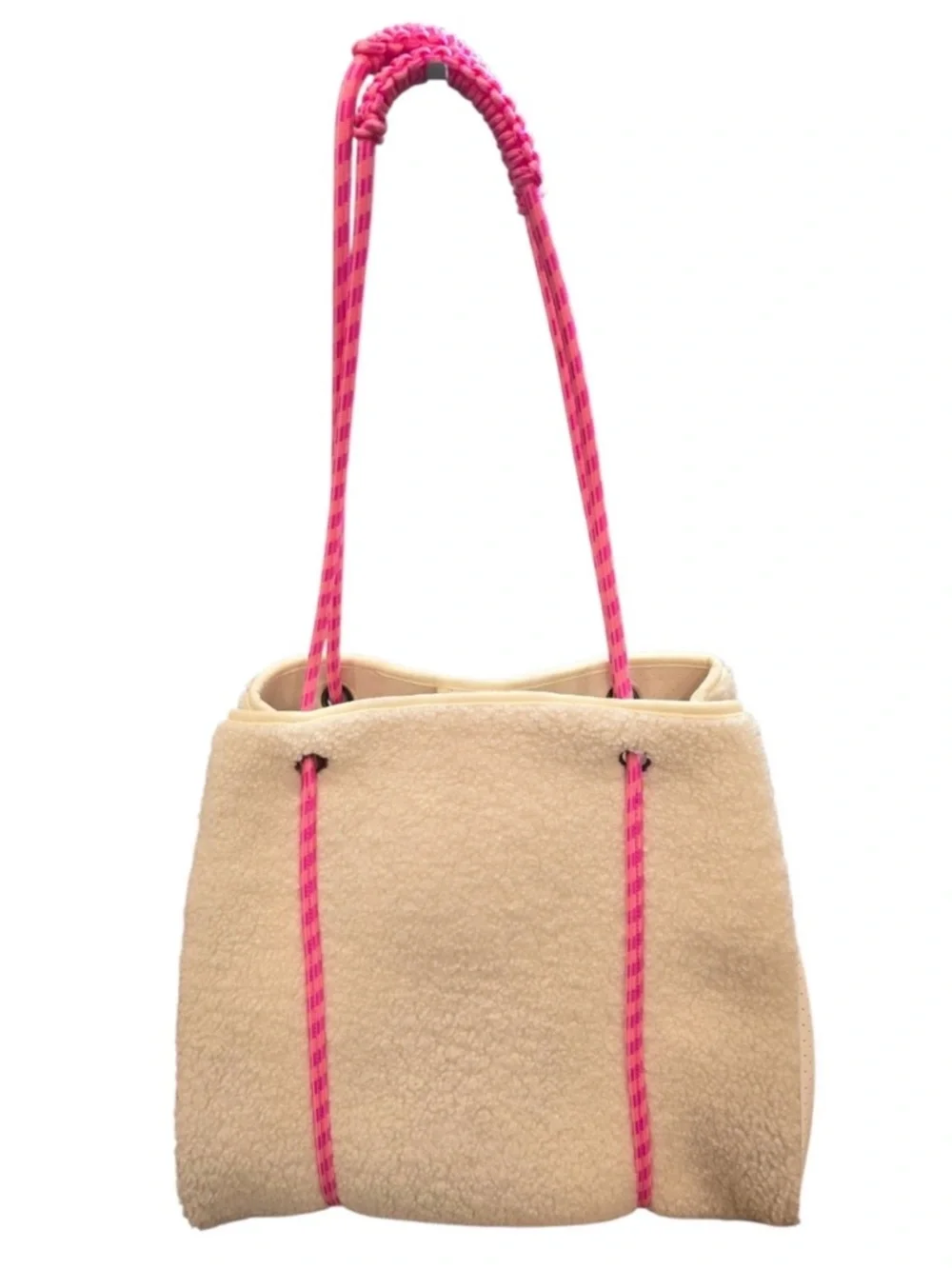 Anthropologie Cream Sherpa‎ Tote with Pink Rope Straps